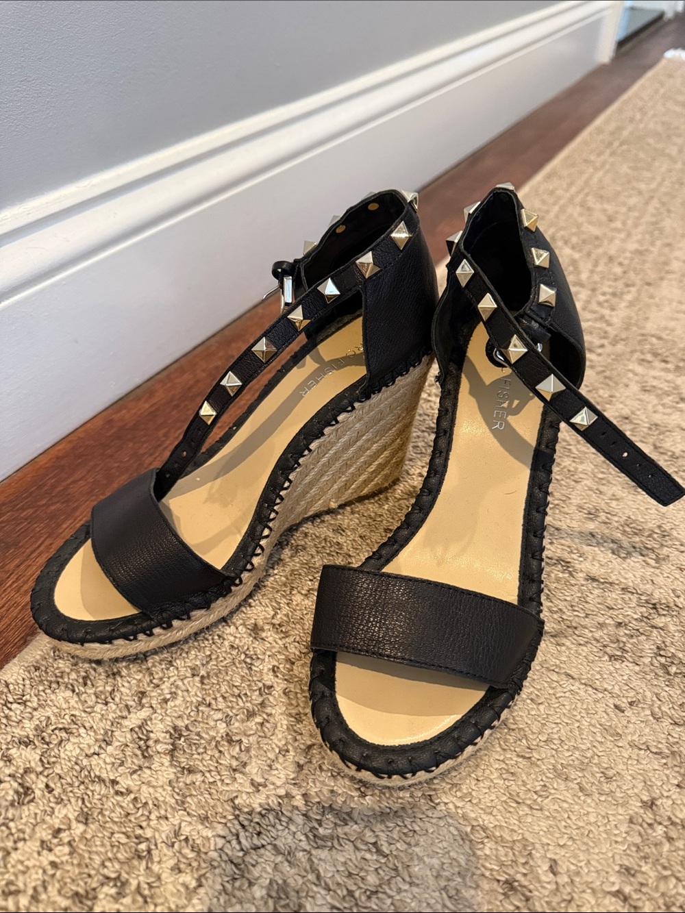 Marc Fisher Black Studded Espadrille Wedges